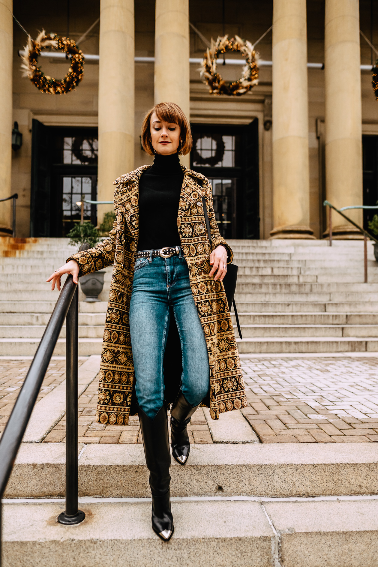 vintage tapestry coat and Isabel Marant boots