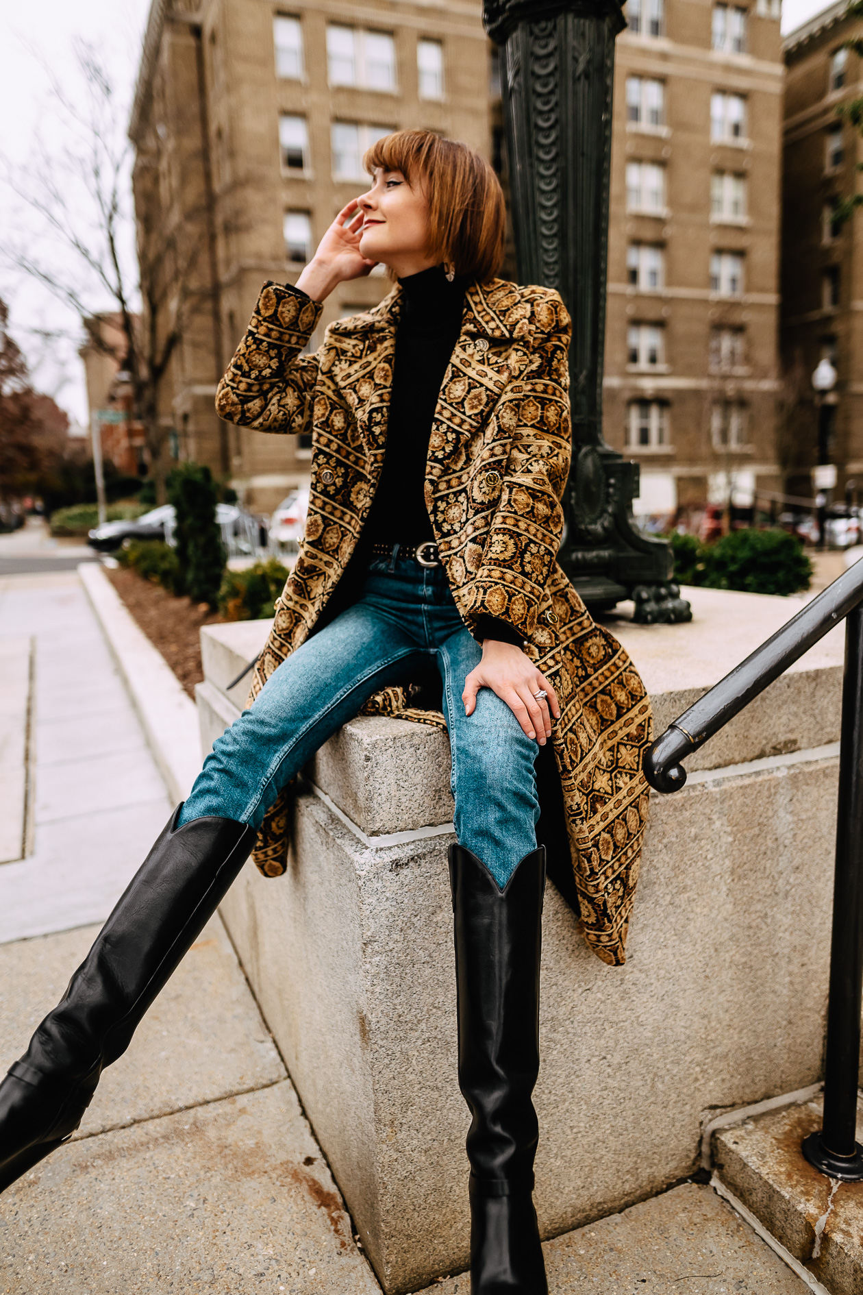 vintage tapestry coat and Isabel Marant boots