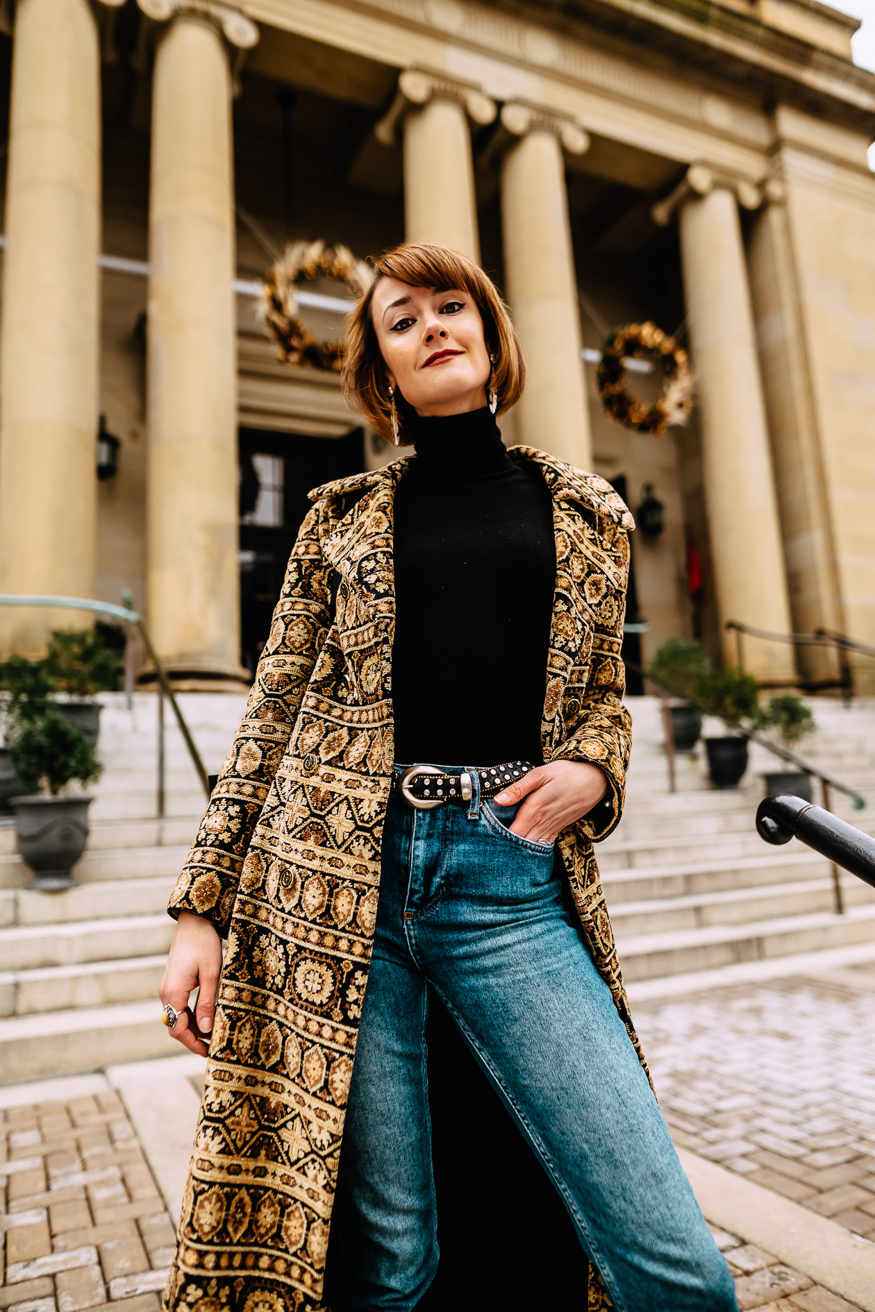 vintage tapestry coat and Isabel Marant boots