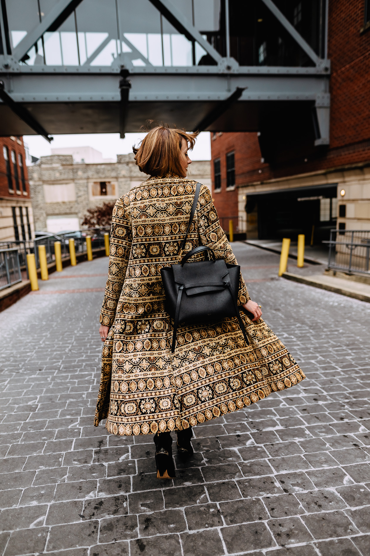 vintage tapestry coat and Celine bag