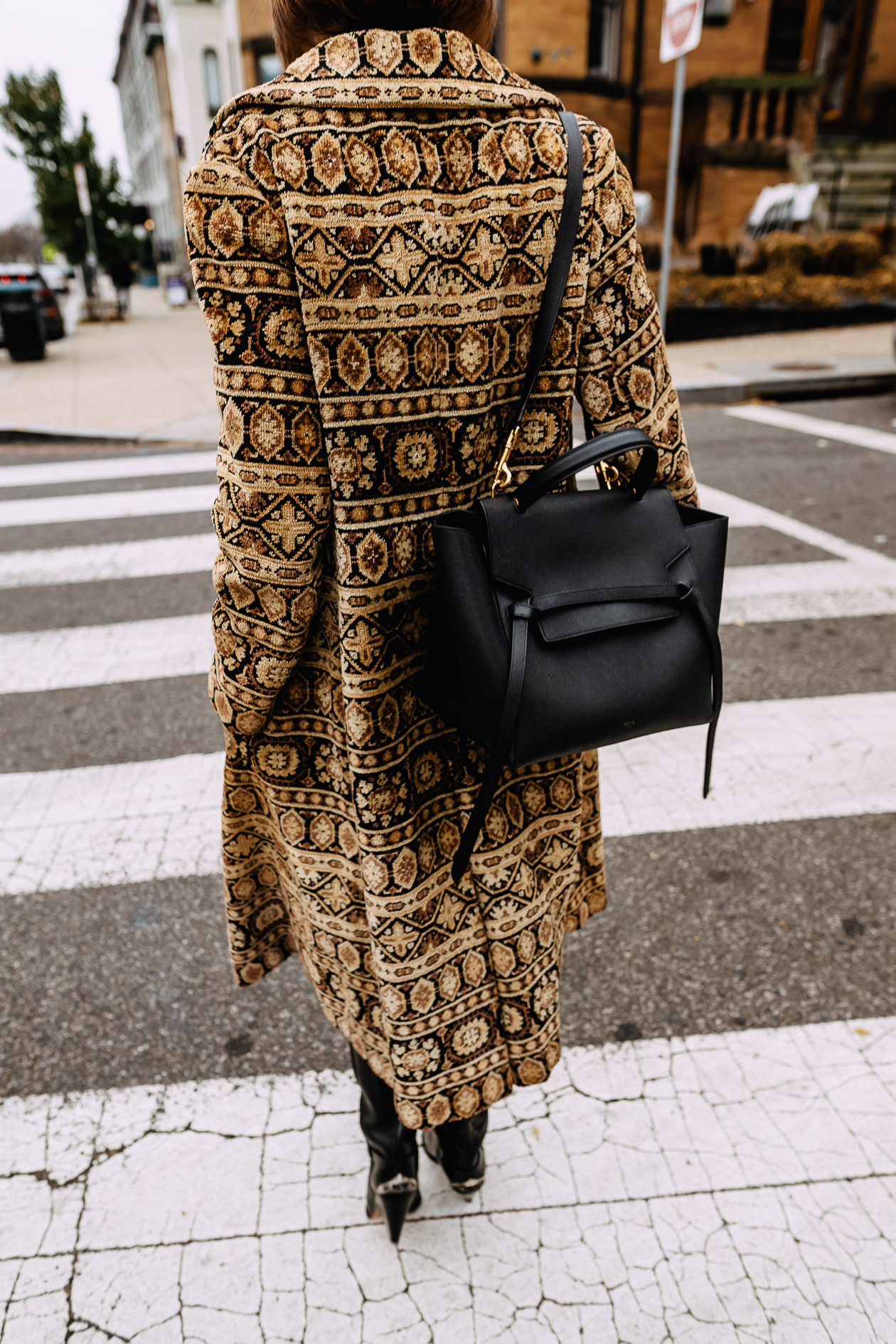 vintage tapestry coat and Celine bag