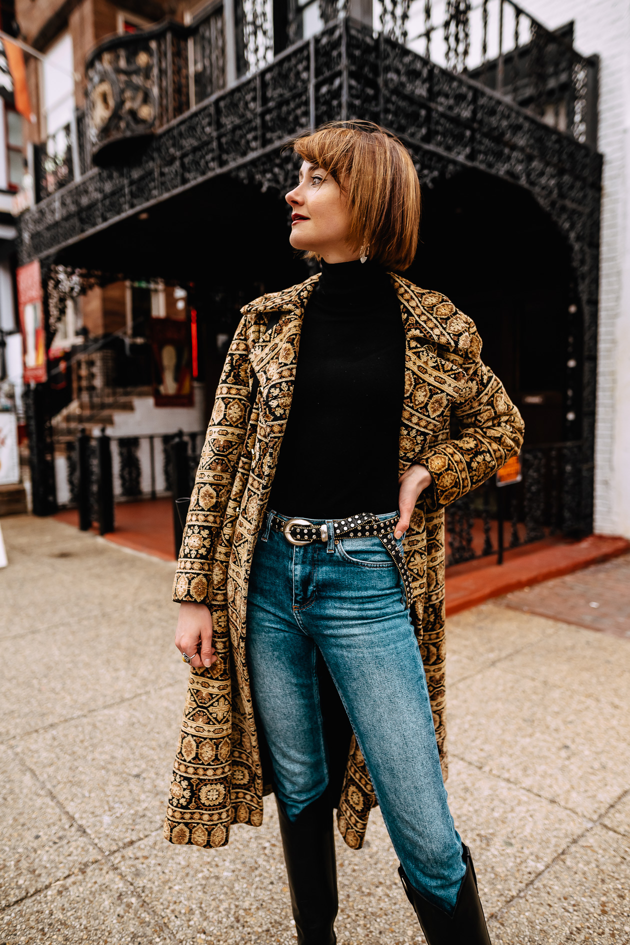 vintage tapestry coat and Isabel Marant boots