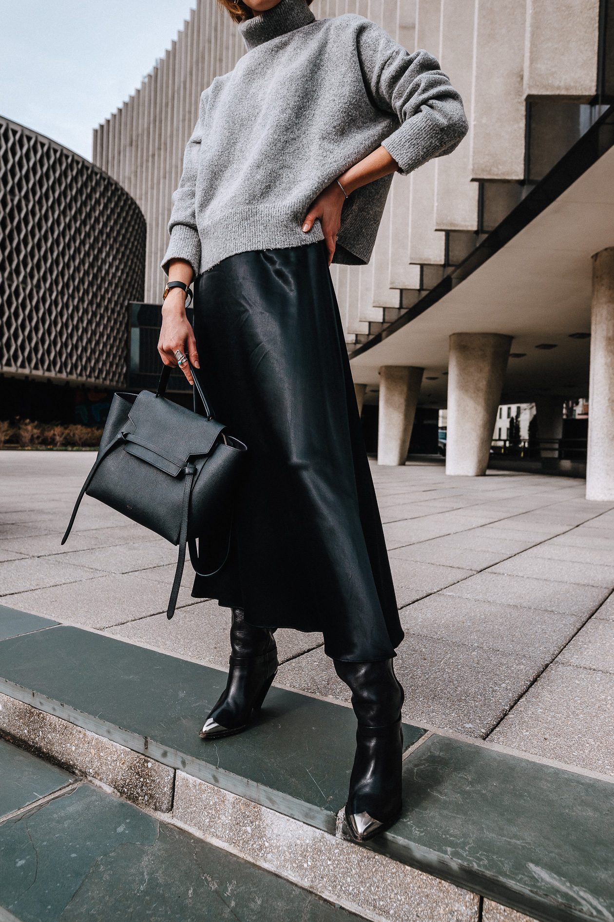 cropped turtleneck and satin skirt