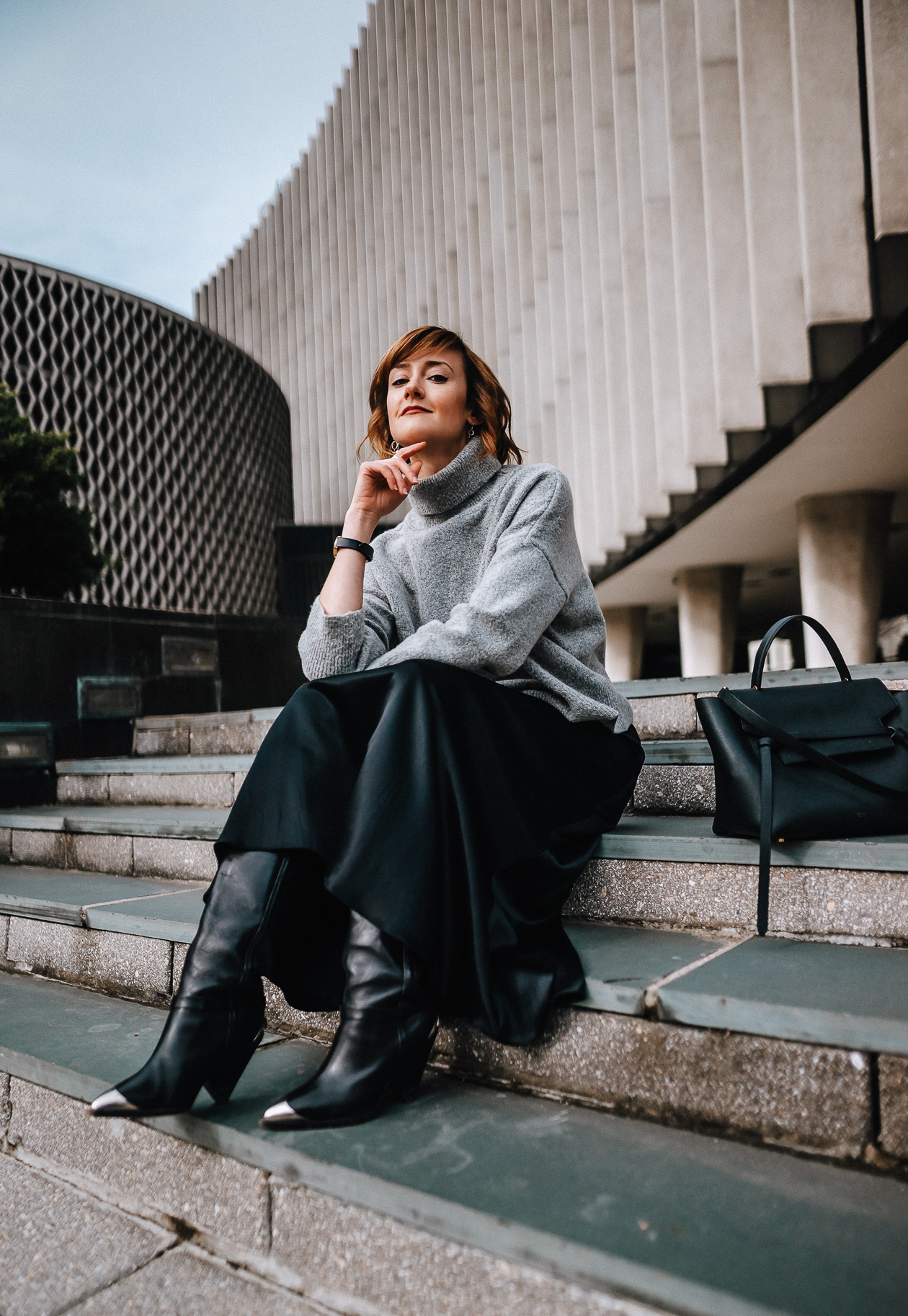 cropped turtleneck and satin skirt