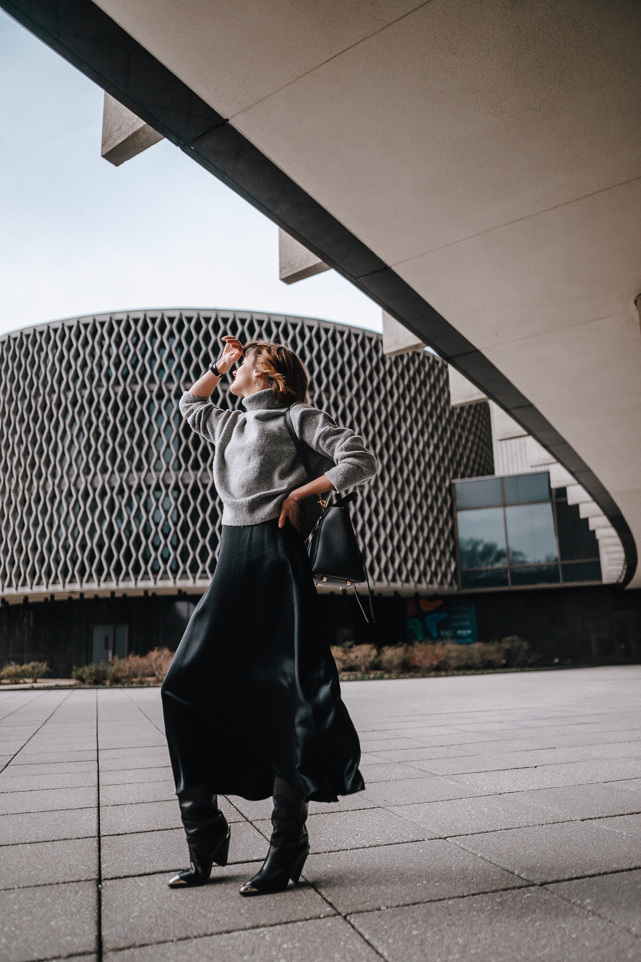 cropped turtleneck and satin skirt