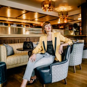vintage yellow blazer and RE/DONE jeans