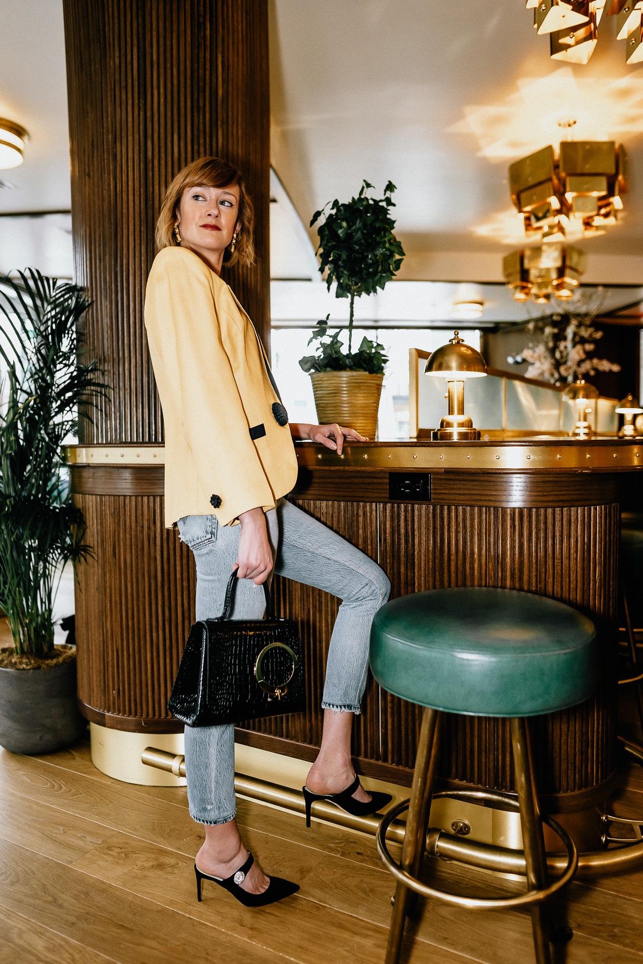 vintage yellow blazer and RE/DONE jeans