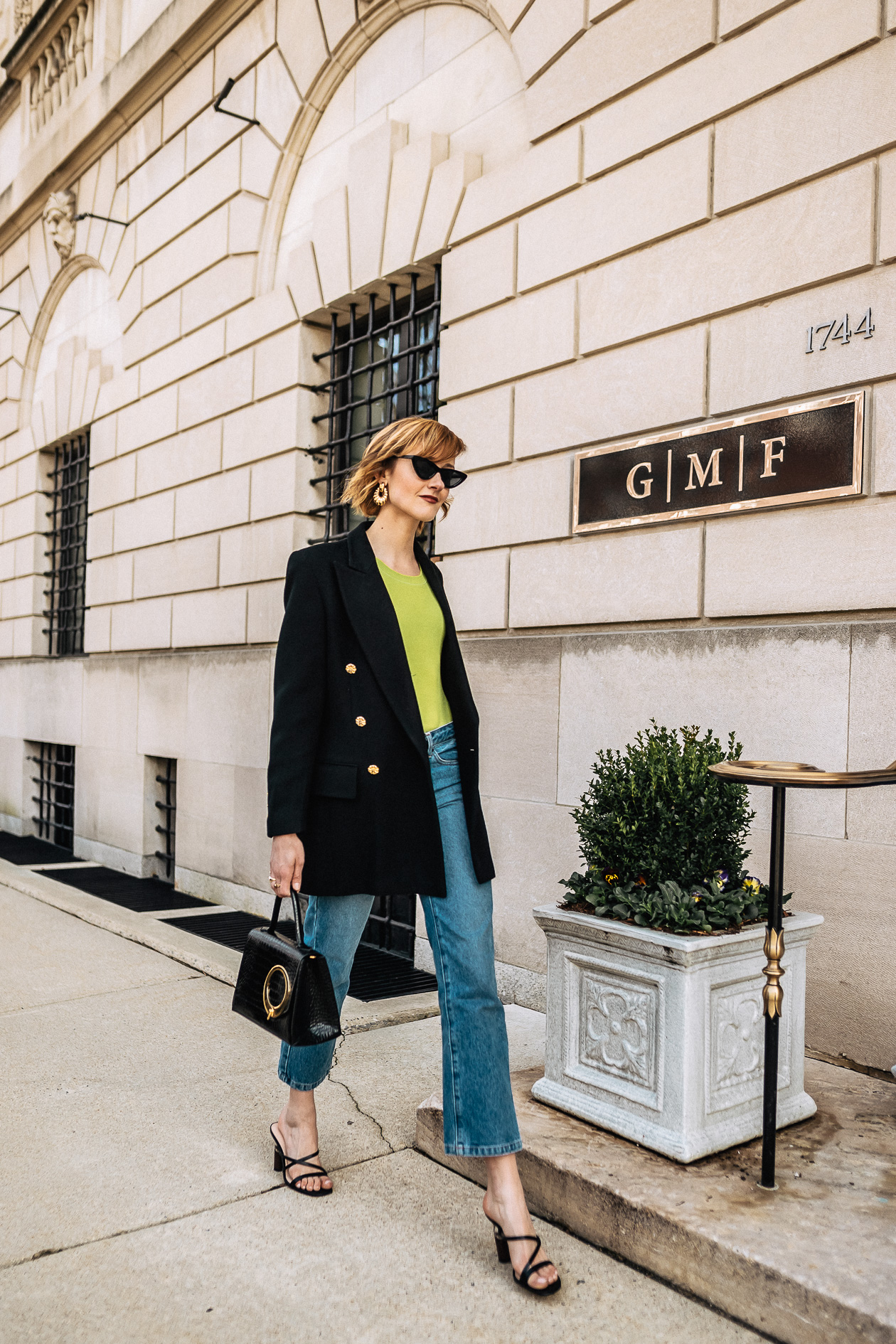 neon t-shirt and oversized blazer