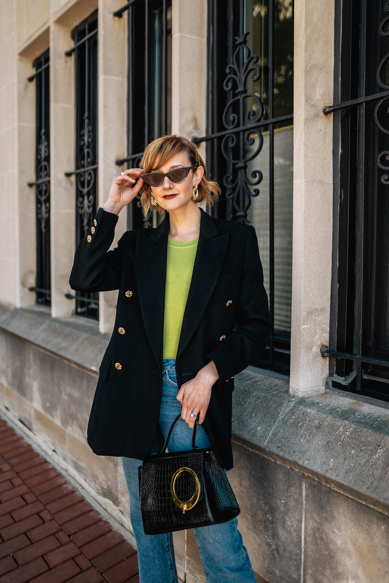 neon t-shirt and oversized blazer