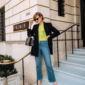 neon t-shirt and oversized blazer