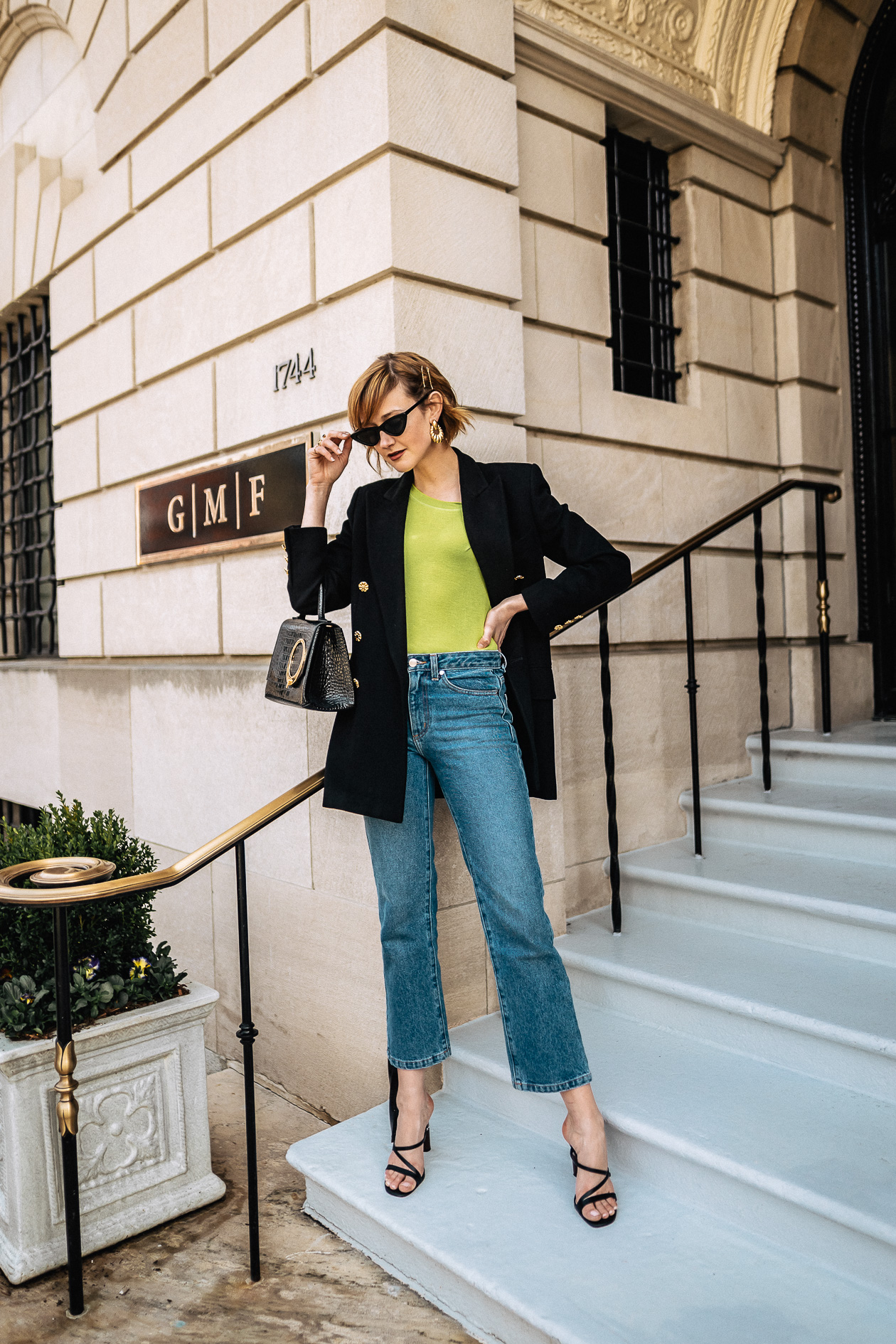 neon t-shirt and oversized blazer