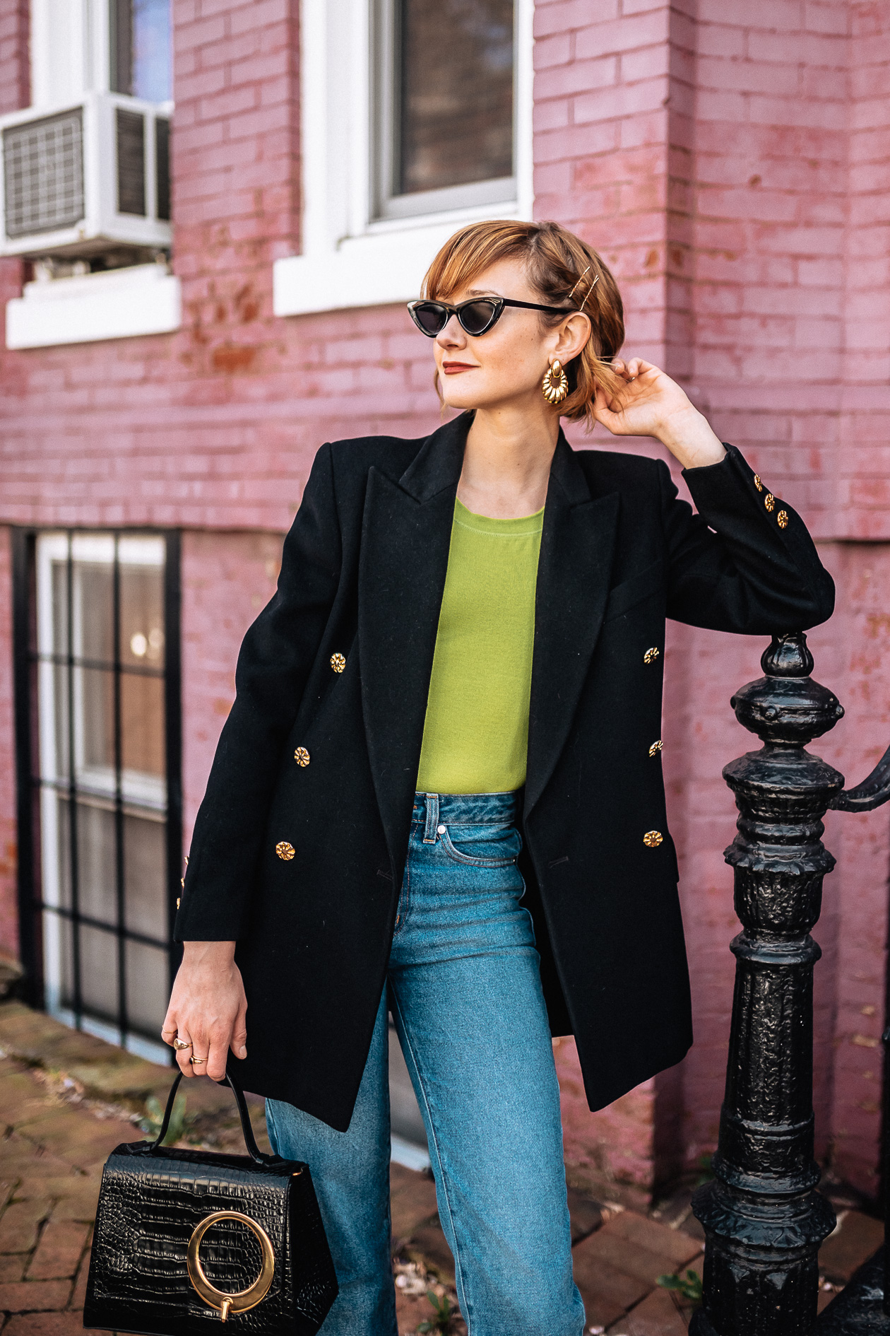 neon t-shirt and oversized blazer