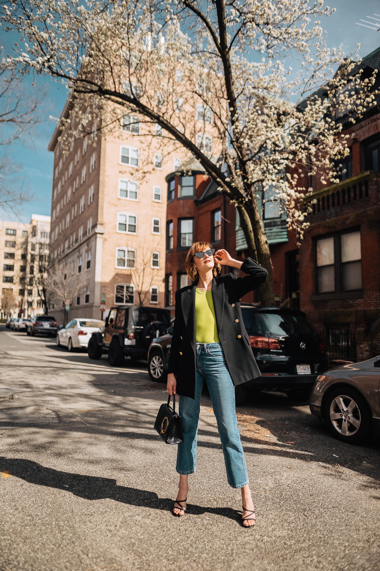 neon t-shirt and oversized blazer