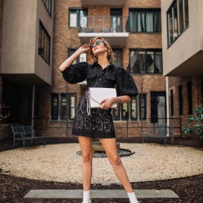 Ganni eyelet dress and Dorateymur boots