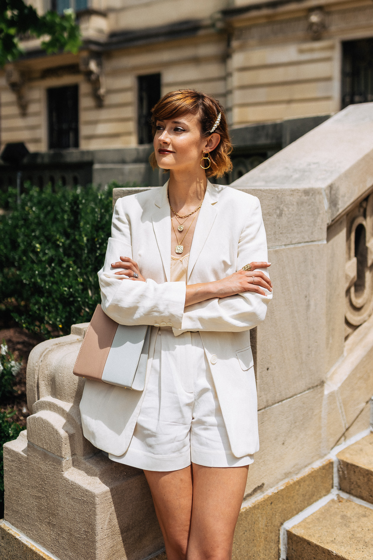 white linen short suit