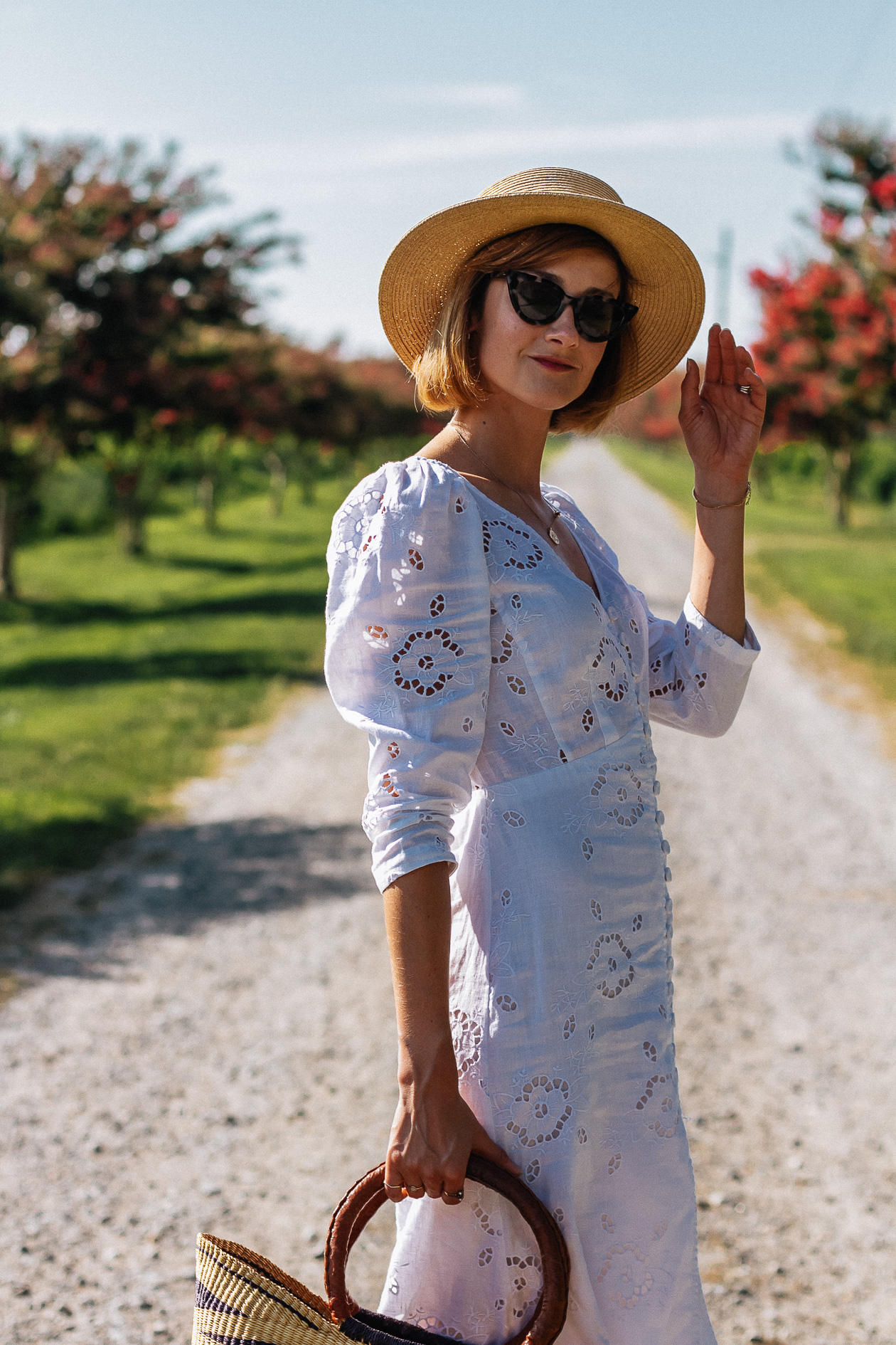 white eyelet dress & straw boater hat