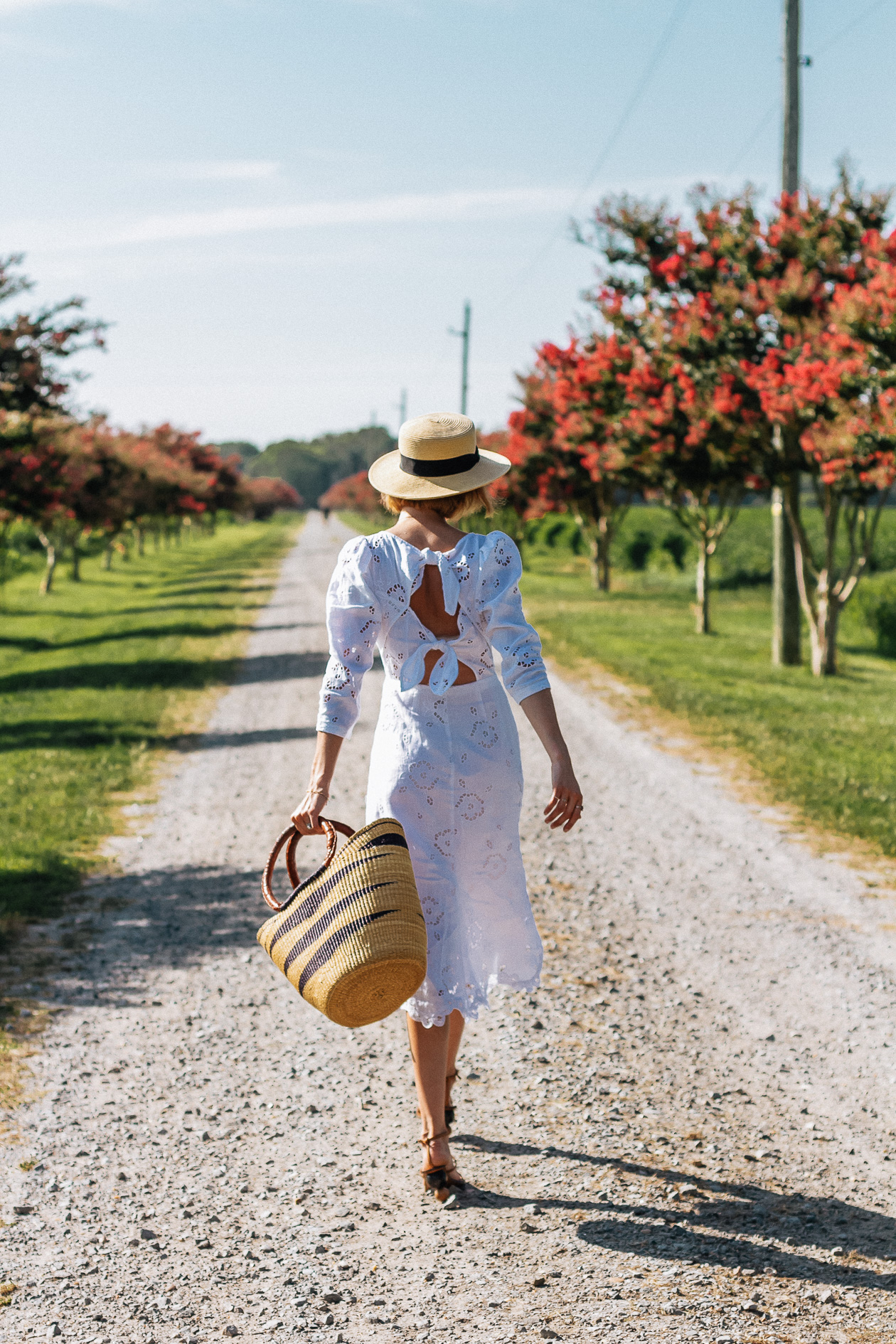 white eyelet dress & straw boater hat