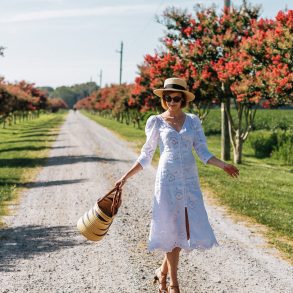 white eyelet dress & straw boater hat
