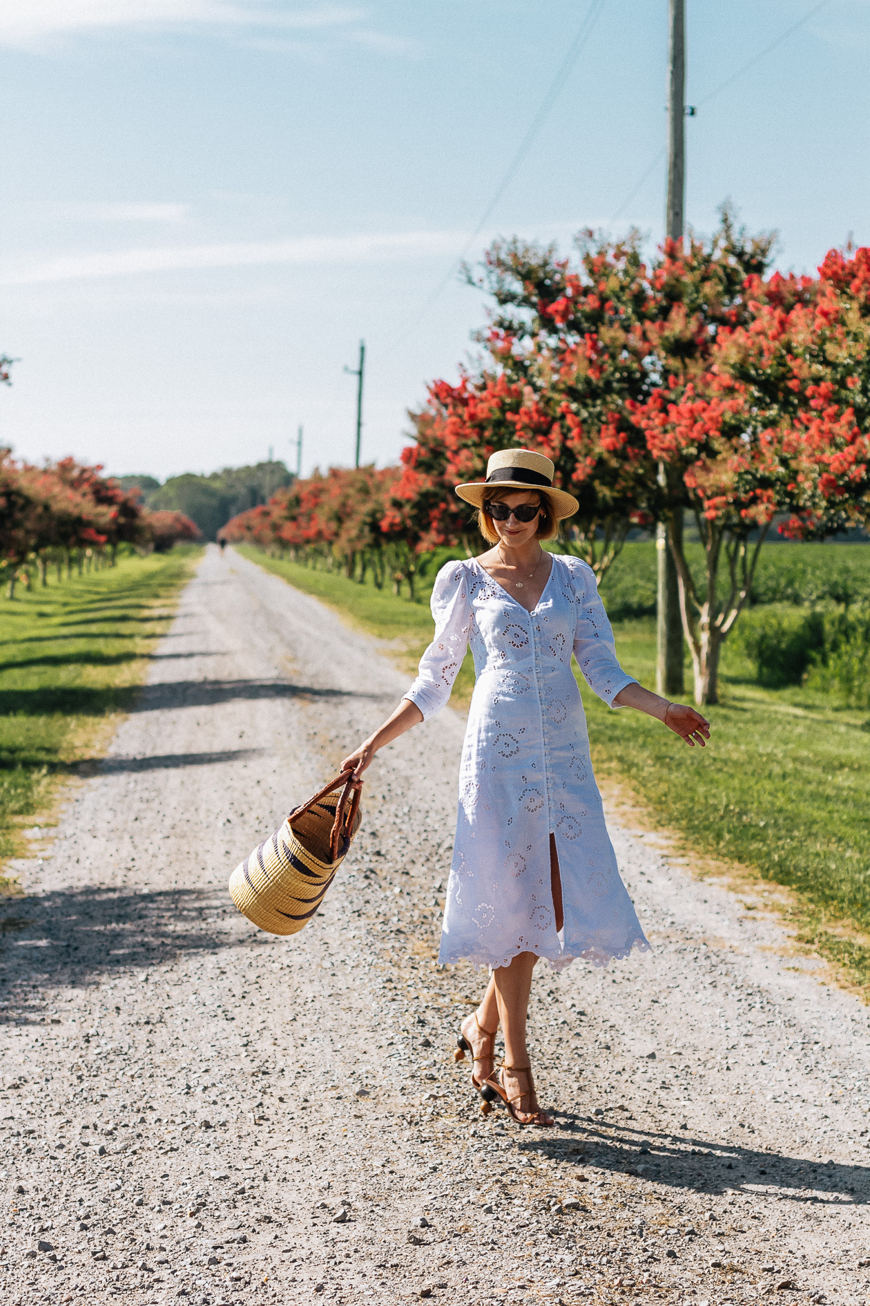 white eyelet dress & straw boater hat