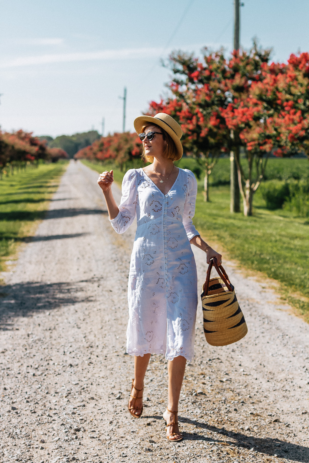 white eyelet dress & straw boater hat