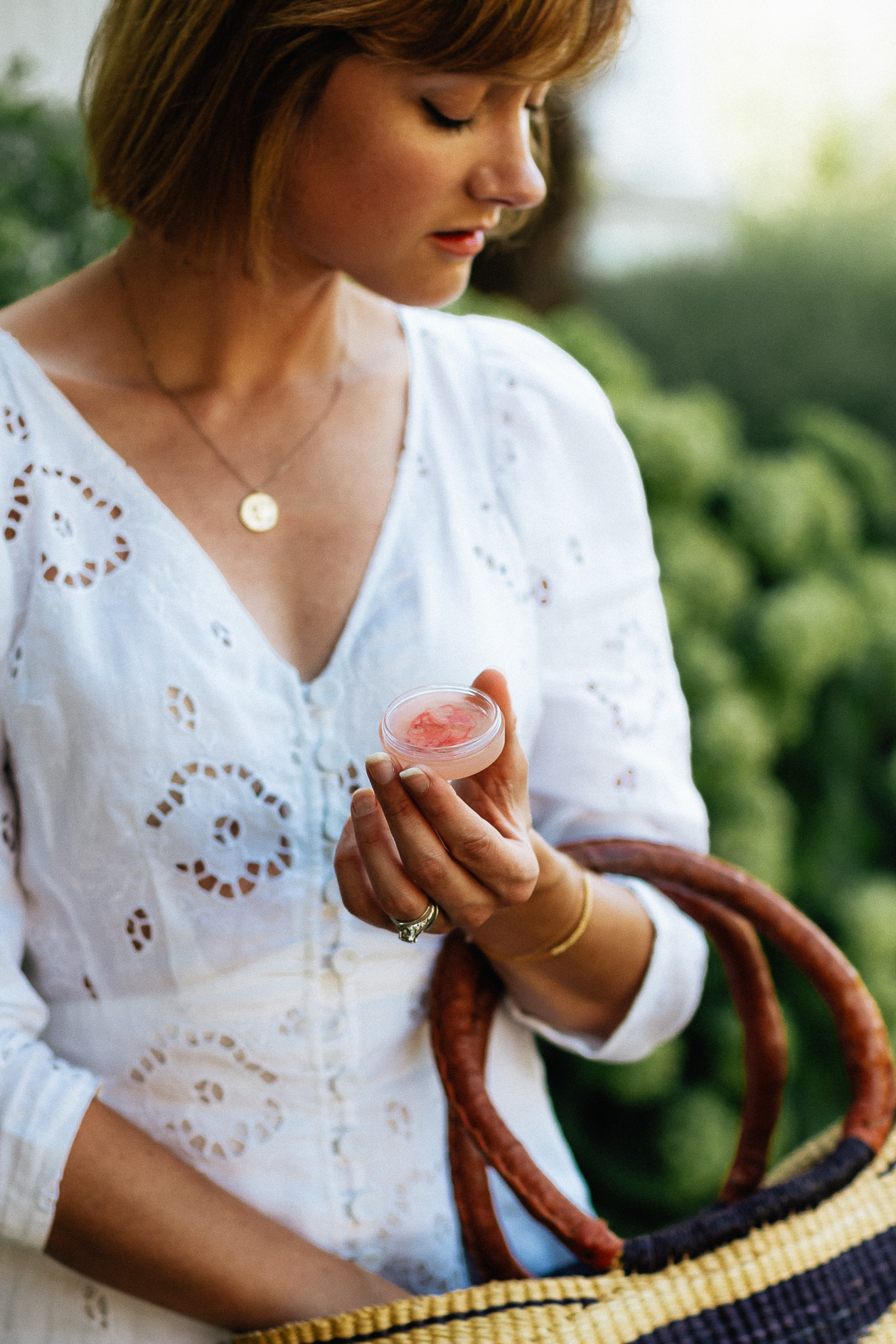 white eyelet dress & straw boater hat