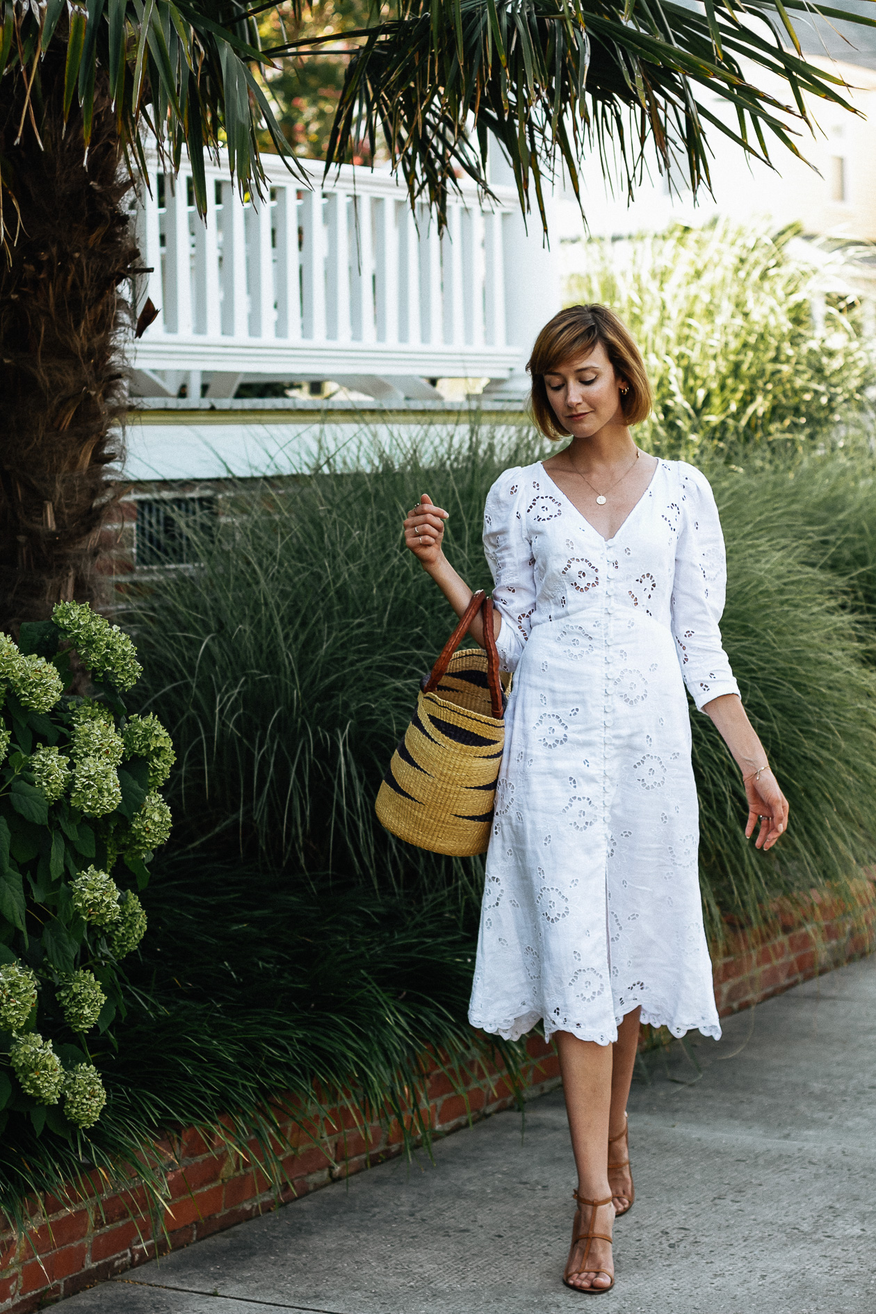 white eyelet dress & straw boater hat