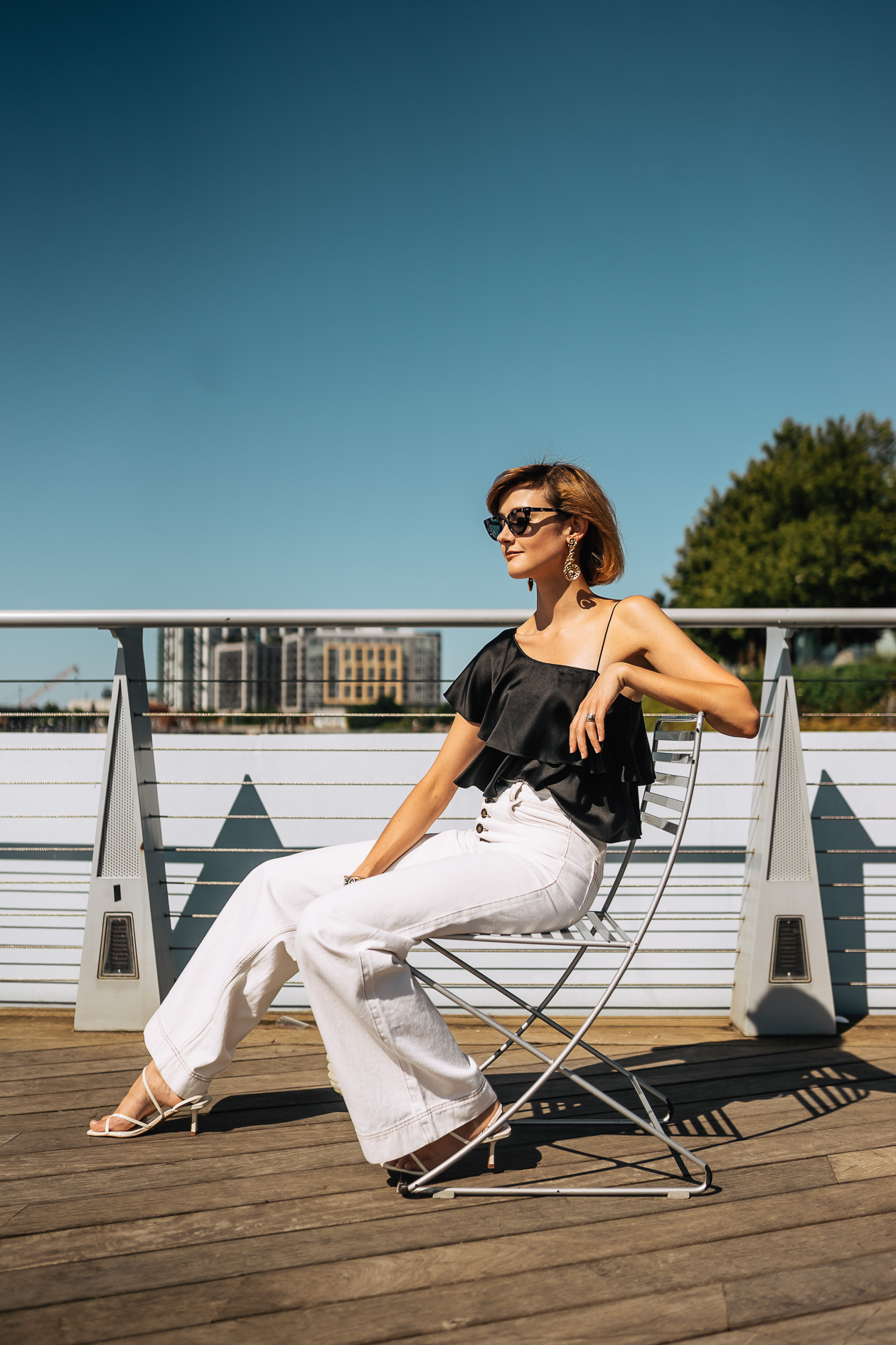 thrifted satin top & white wide-legged pants