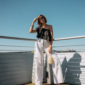 thrifted satin top & white wide-legged pants
