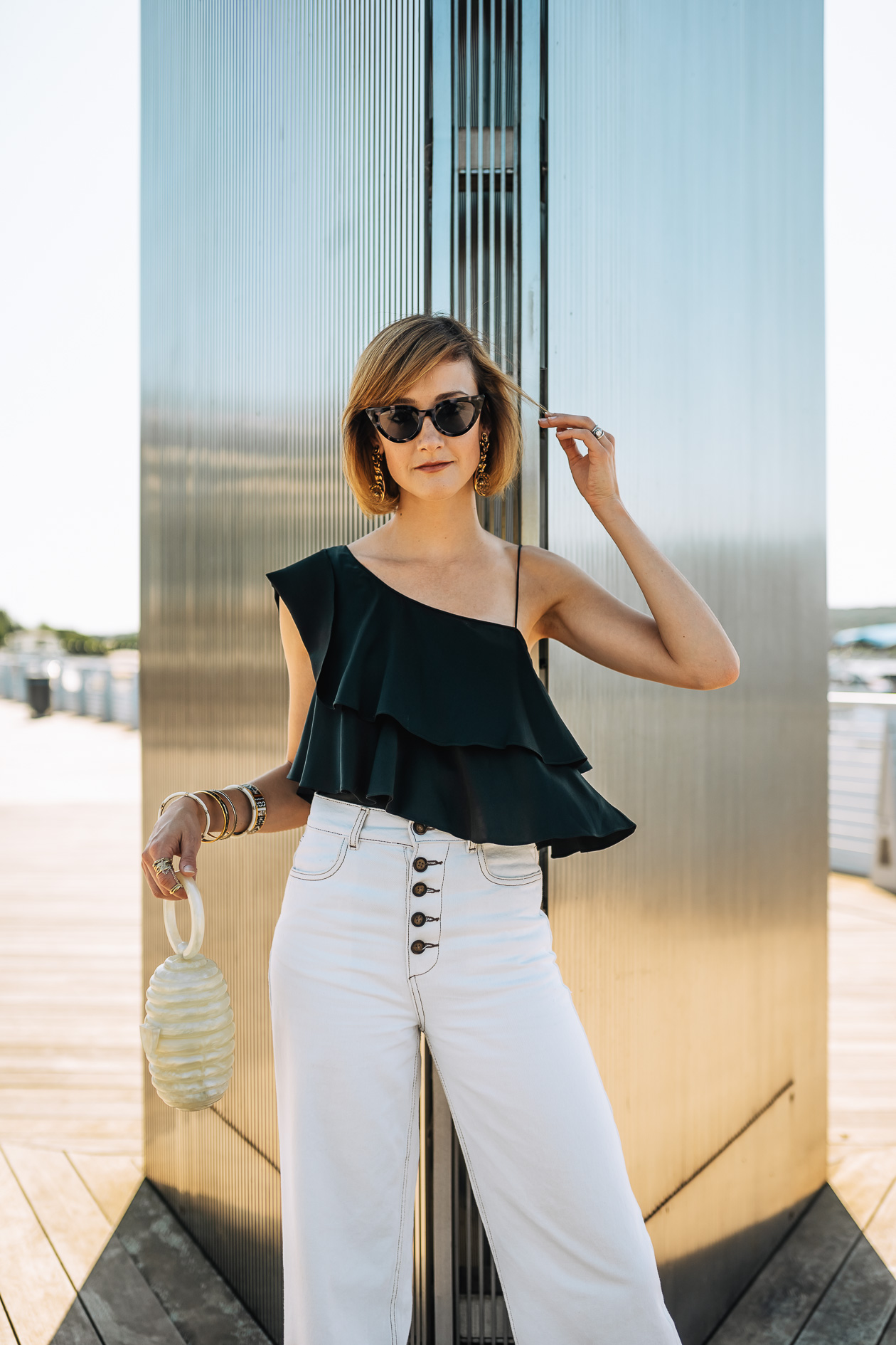 thrifted satin top & white wide-legged pants