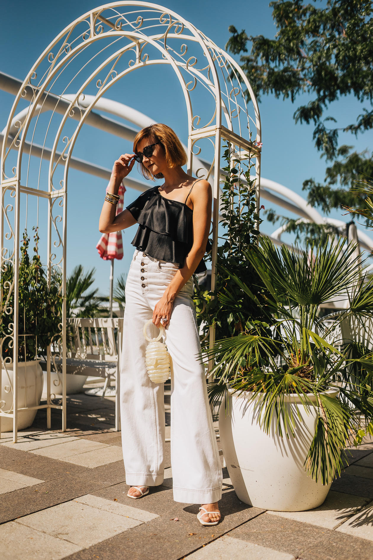 thrifted satin top & wide-legged white pants