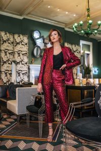 Rent the Runway holiday outfit metallic suit