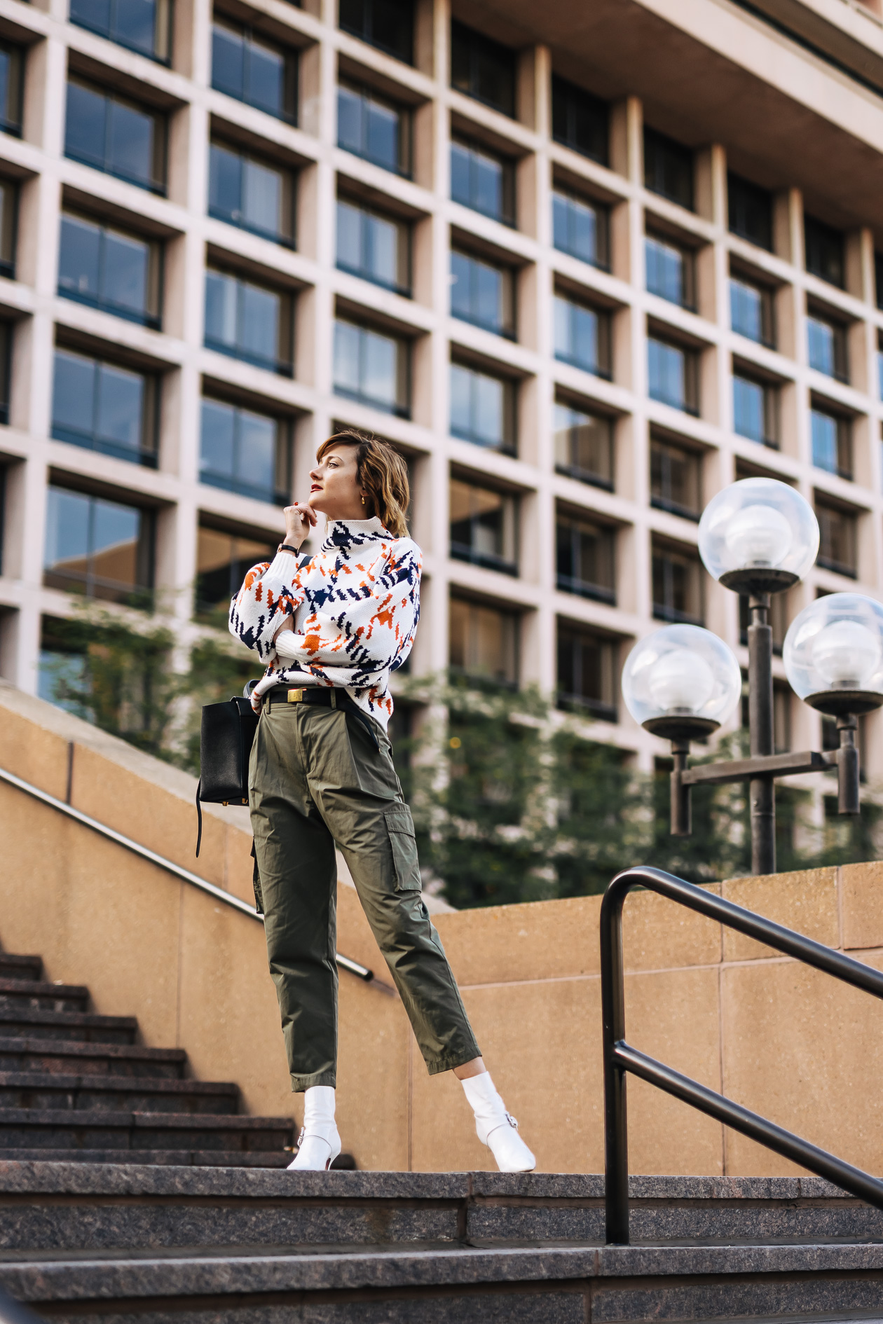 bright print sweater with cargo pants