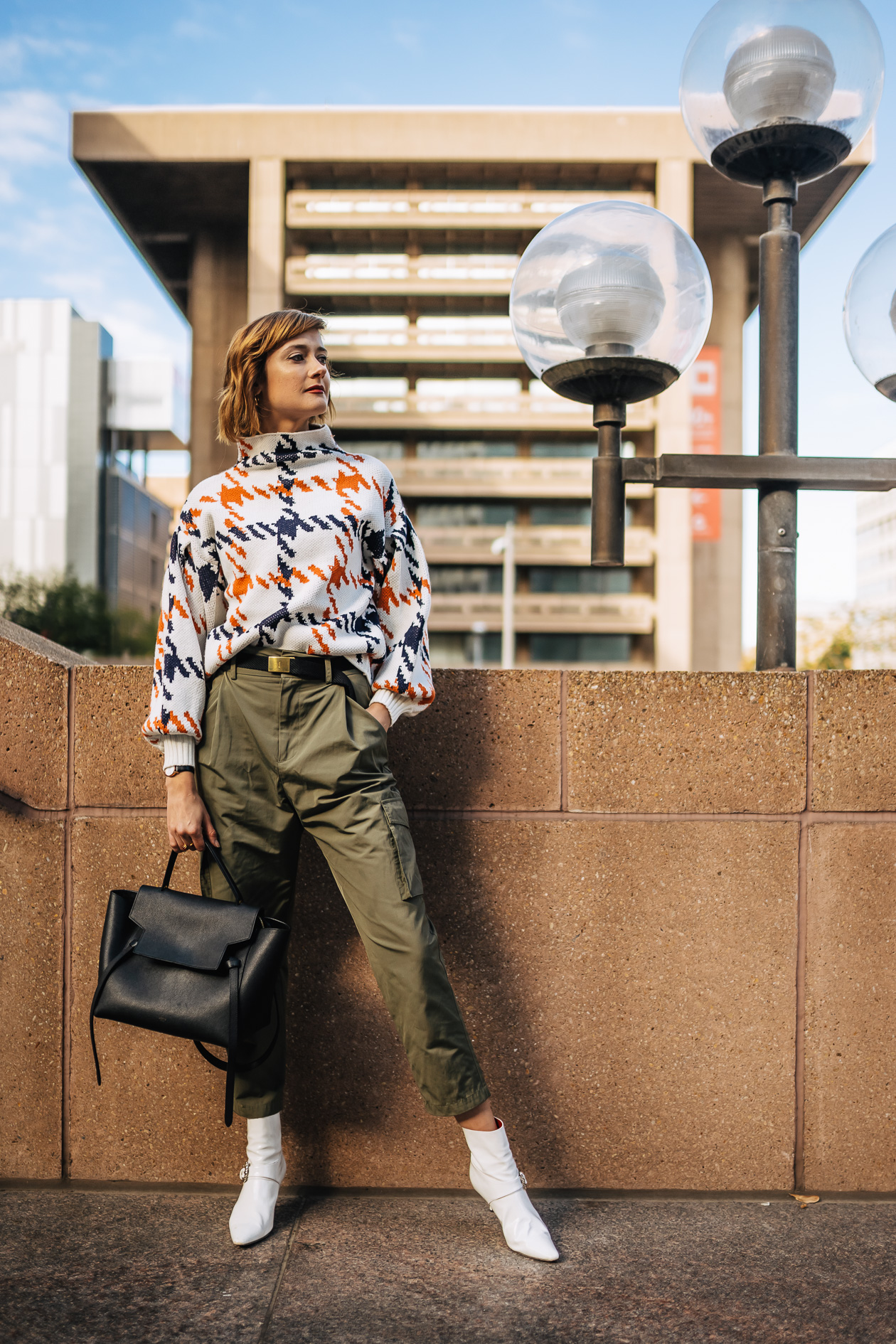 bright print sweater with cargo pants