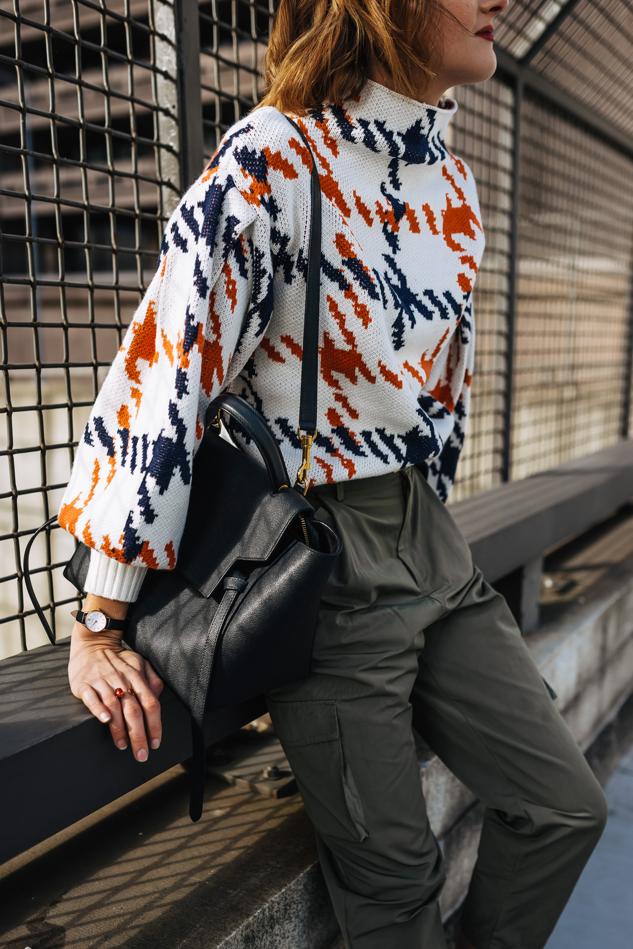 bright print sweater with cargo pants