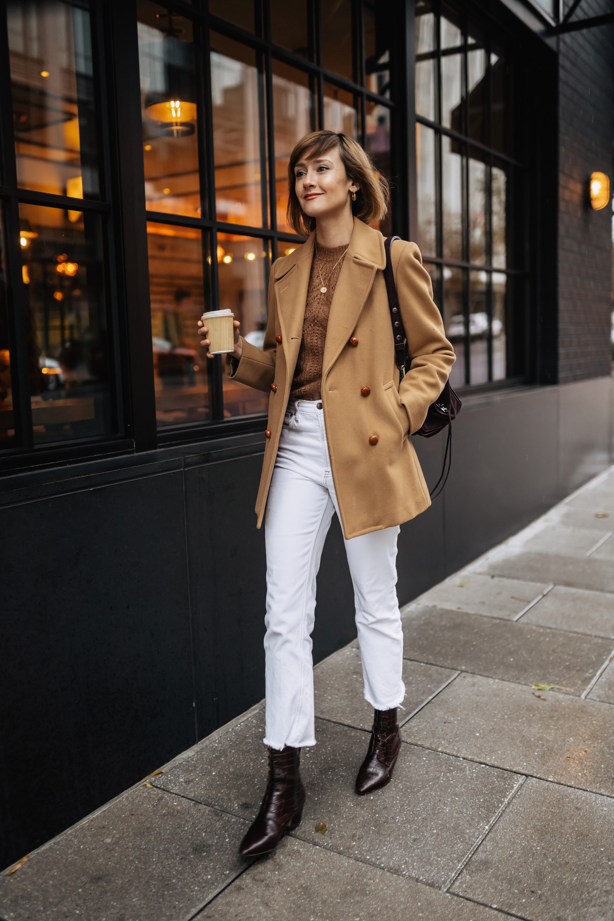 Camel coat and Sezane sweater