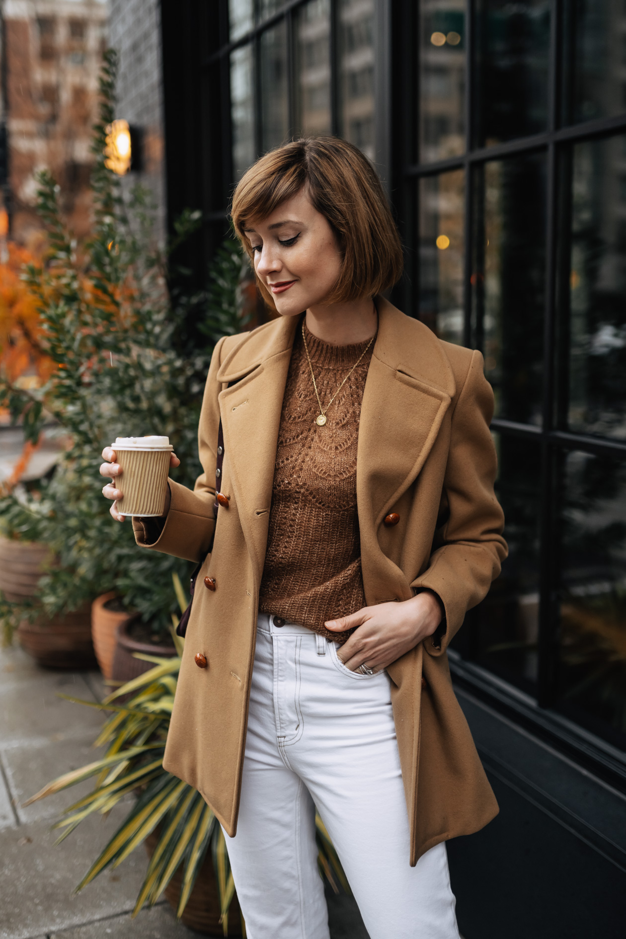 Camel coat and Sezane sweater