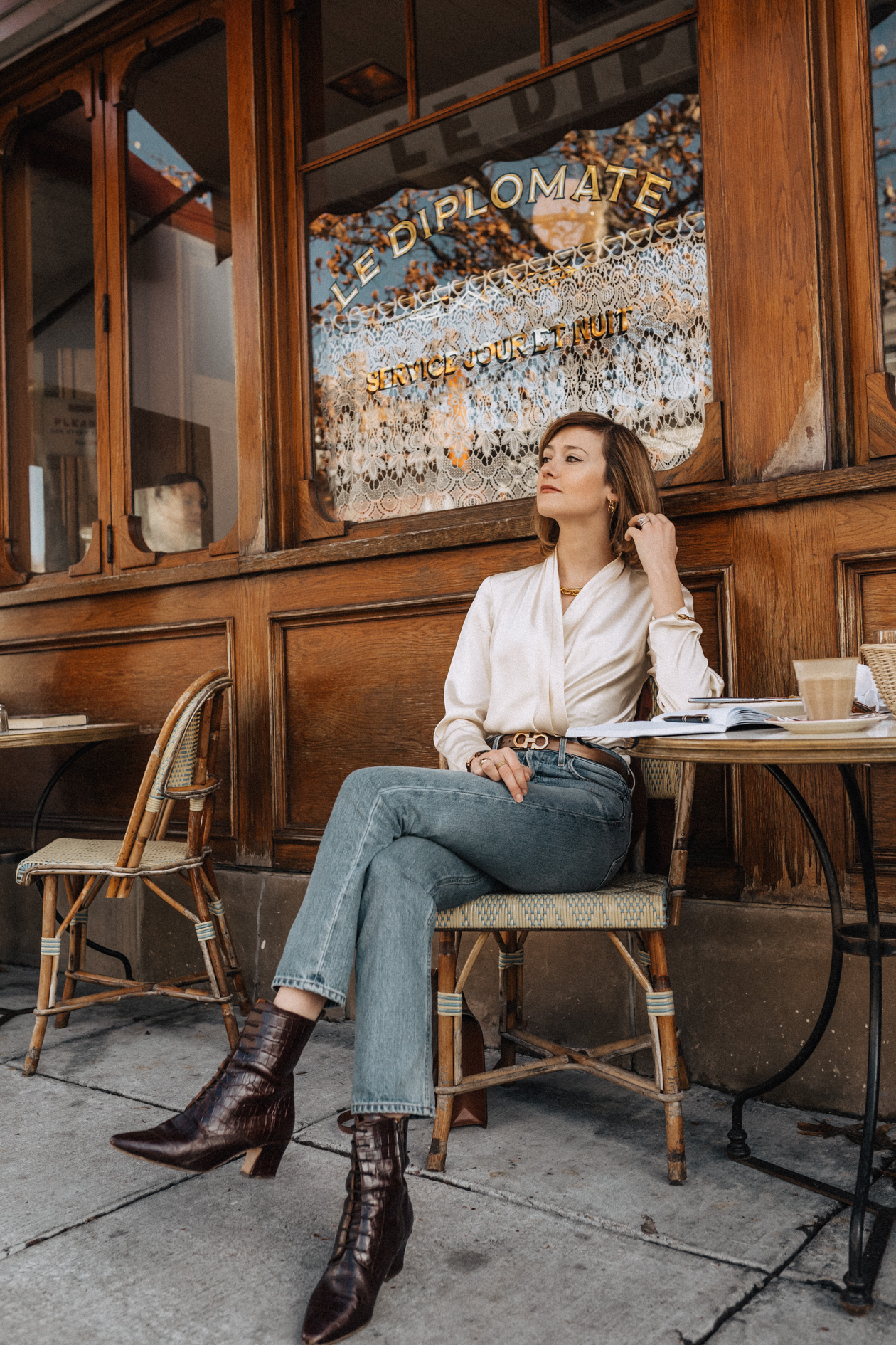 satin wrap top & high-waisted jeans