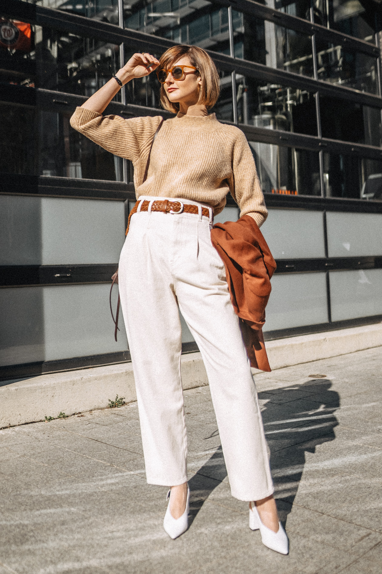 white and tan transitional outfit