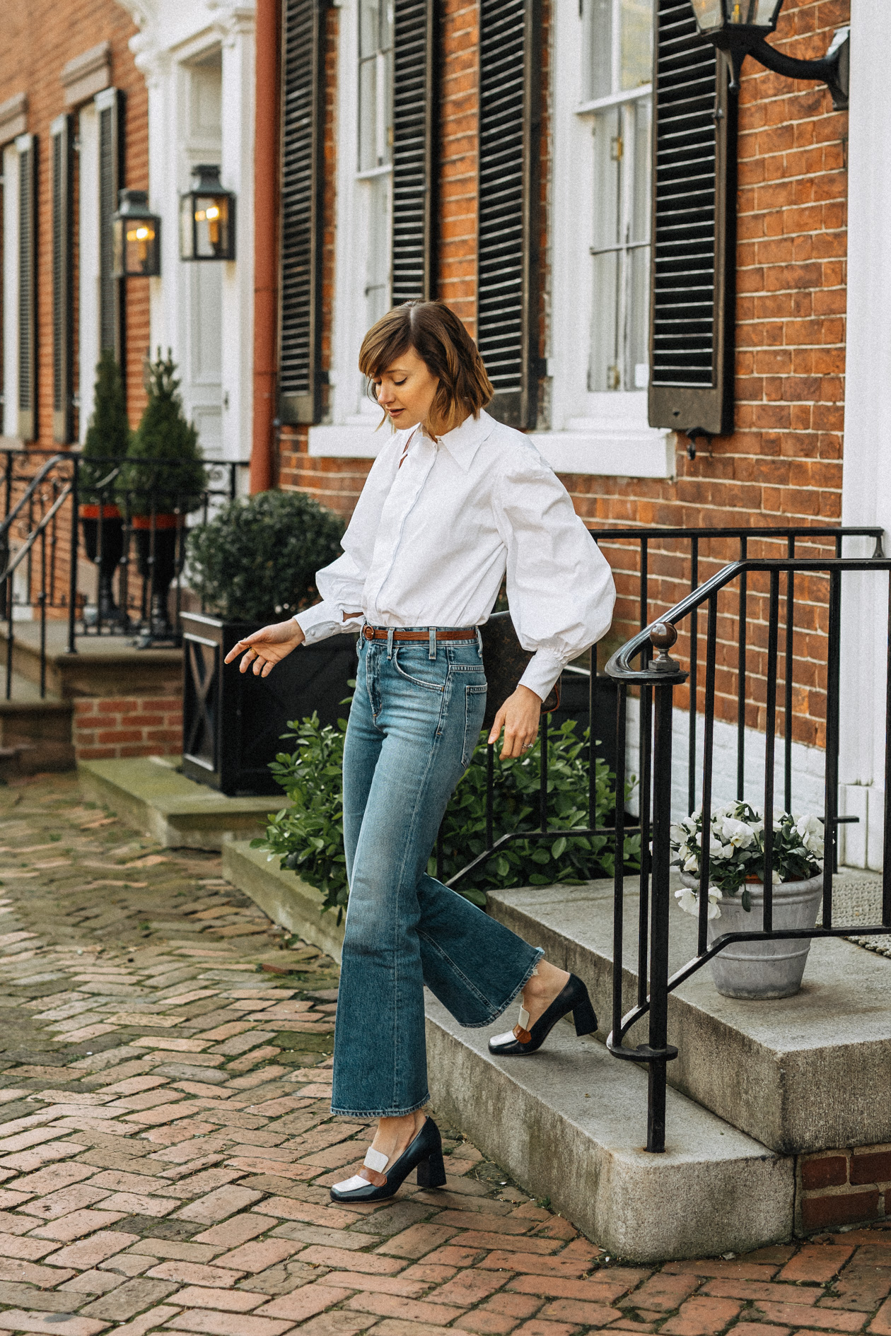 button down and jeans work from home outfit