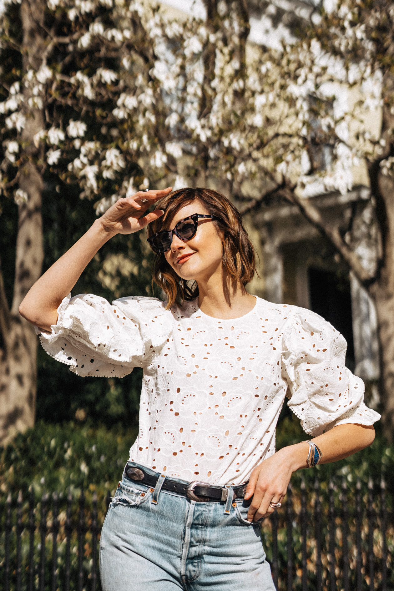 Sezane eyelet top and vintage jeans