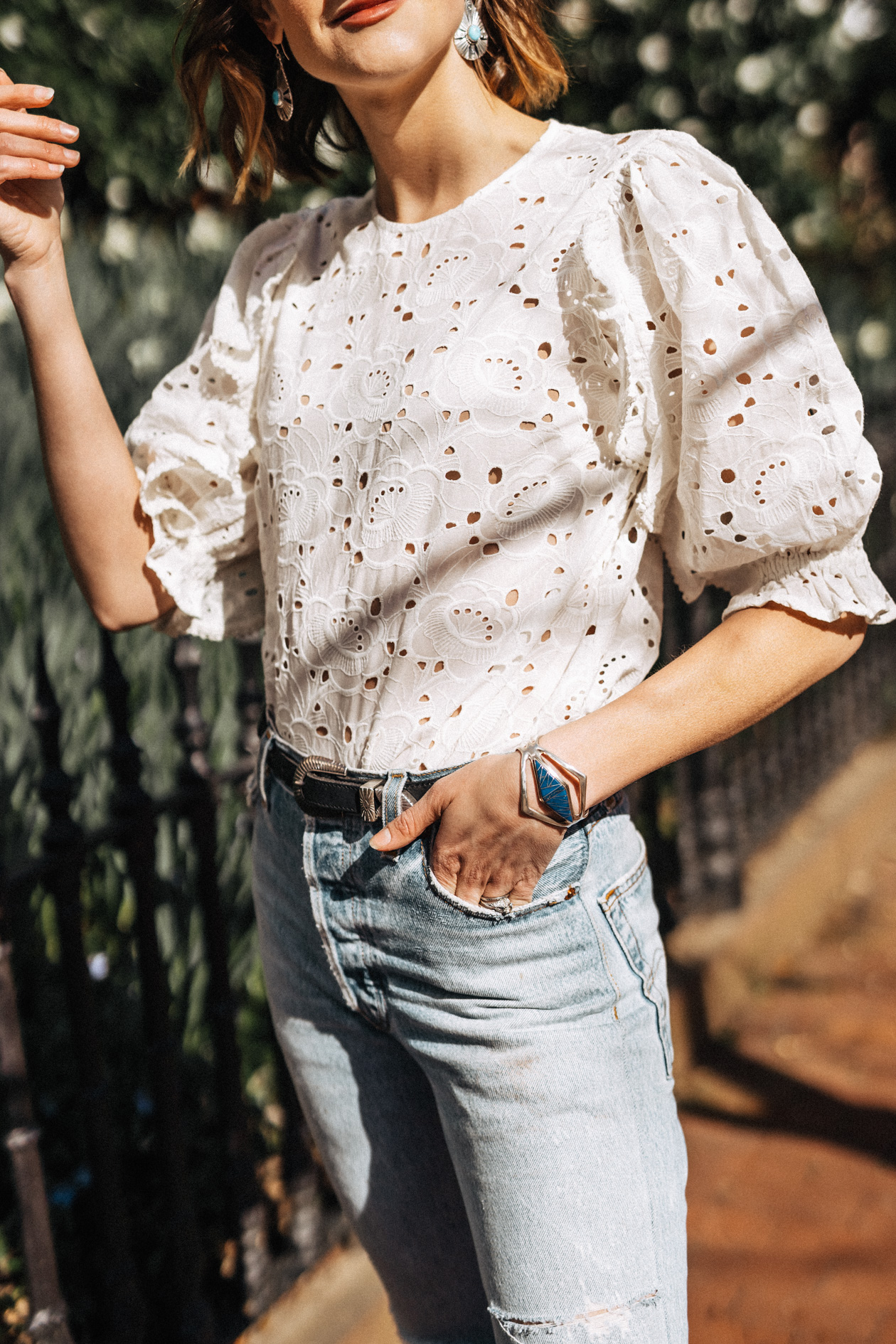 Sezane eyelet top and vintage jeans