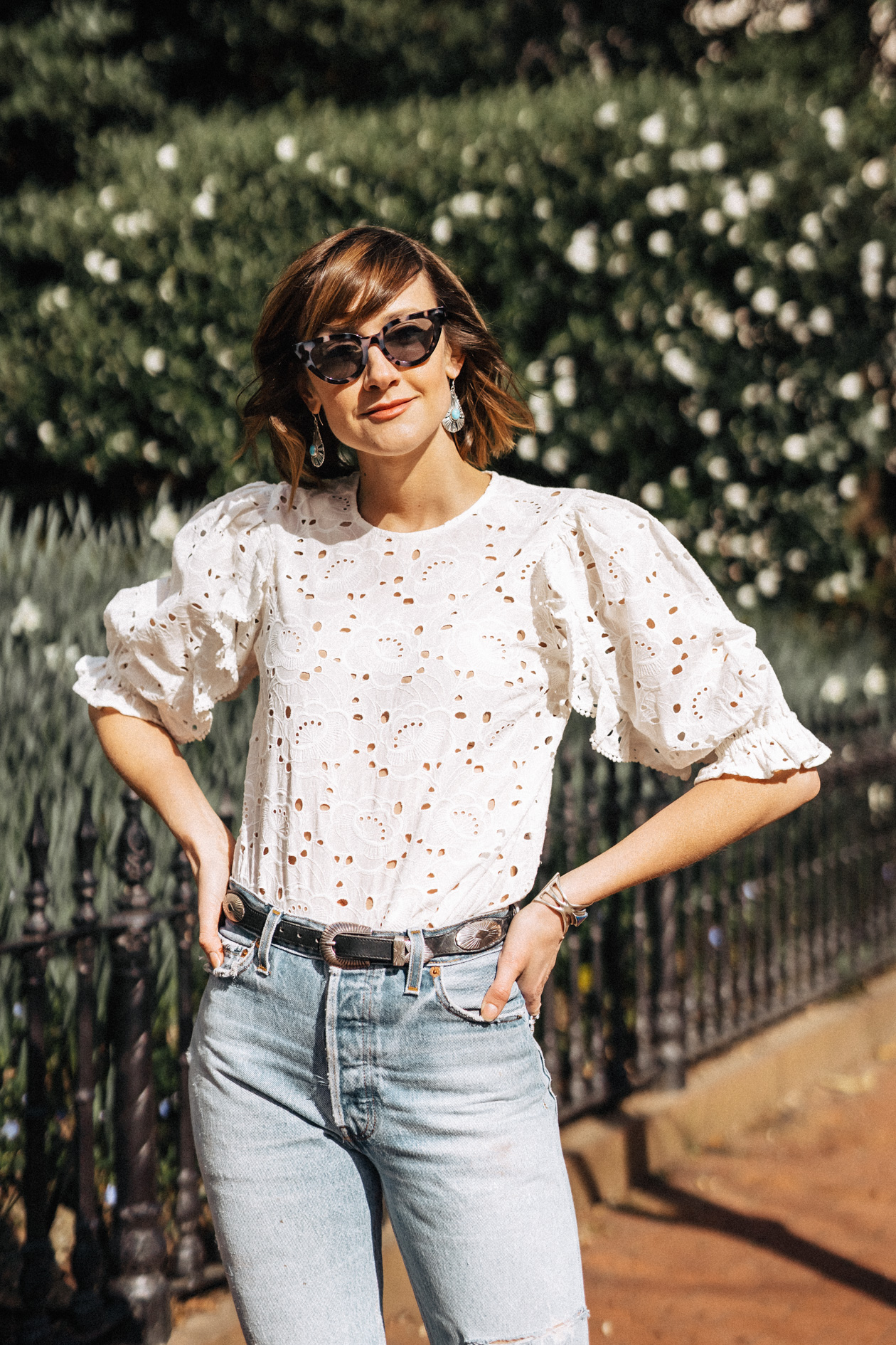 Sezane eyelet top and vintage jeans