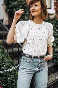 Sezane eyelet top and vintage jeans