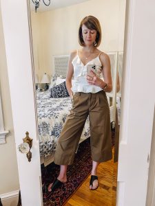 cropped pleated pants and frilly wrap top