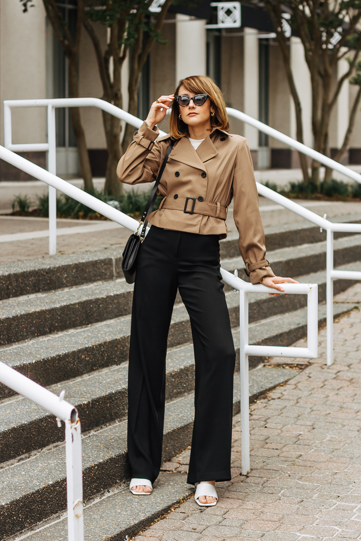 M.M. LaFleur trench coat and t-shirt