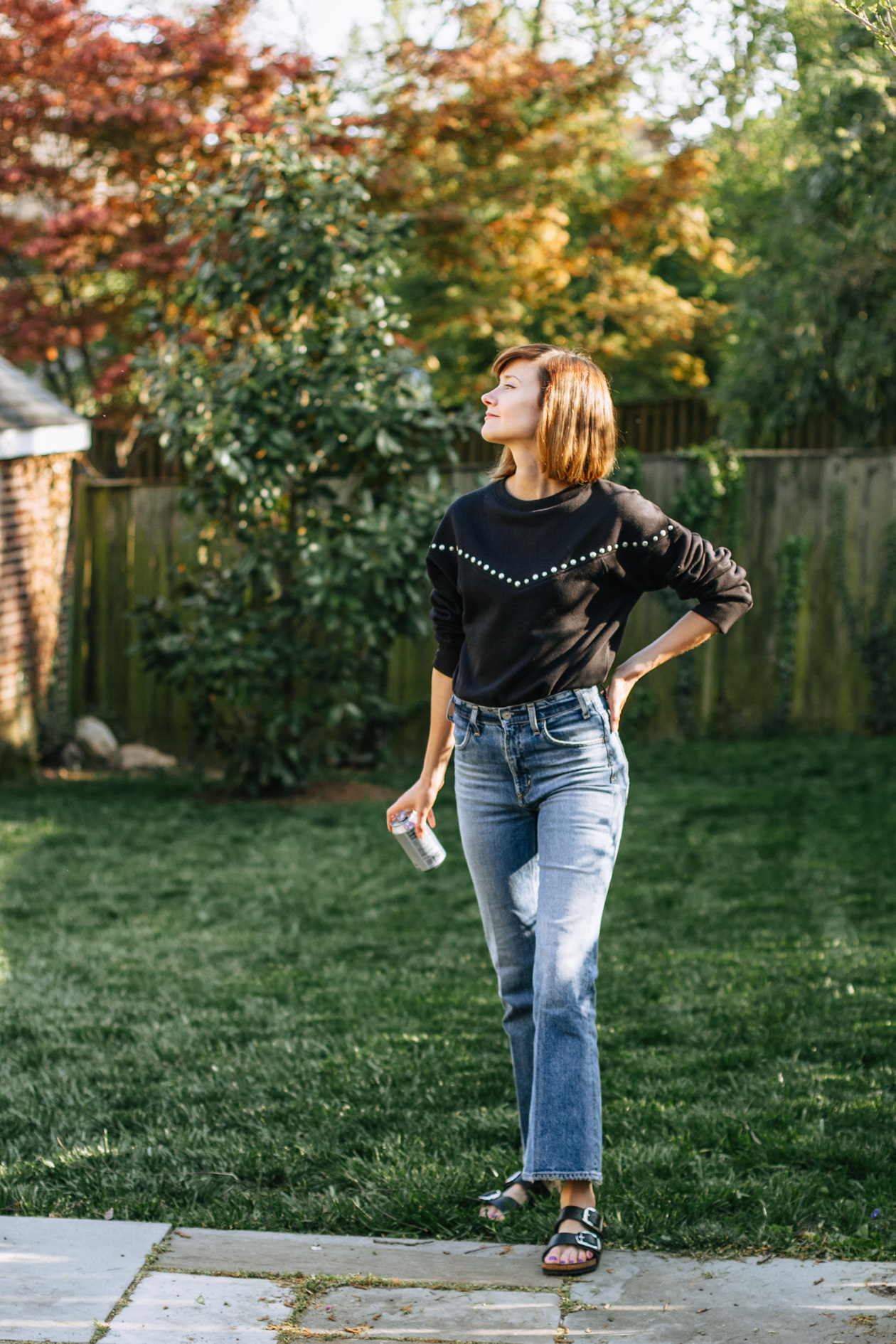 Rebecca Minkoff sweatshirt and Birkenstocks outfit