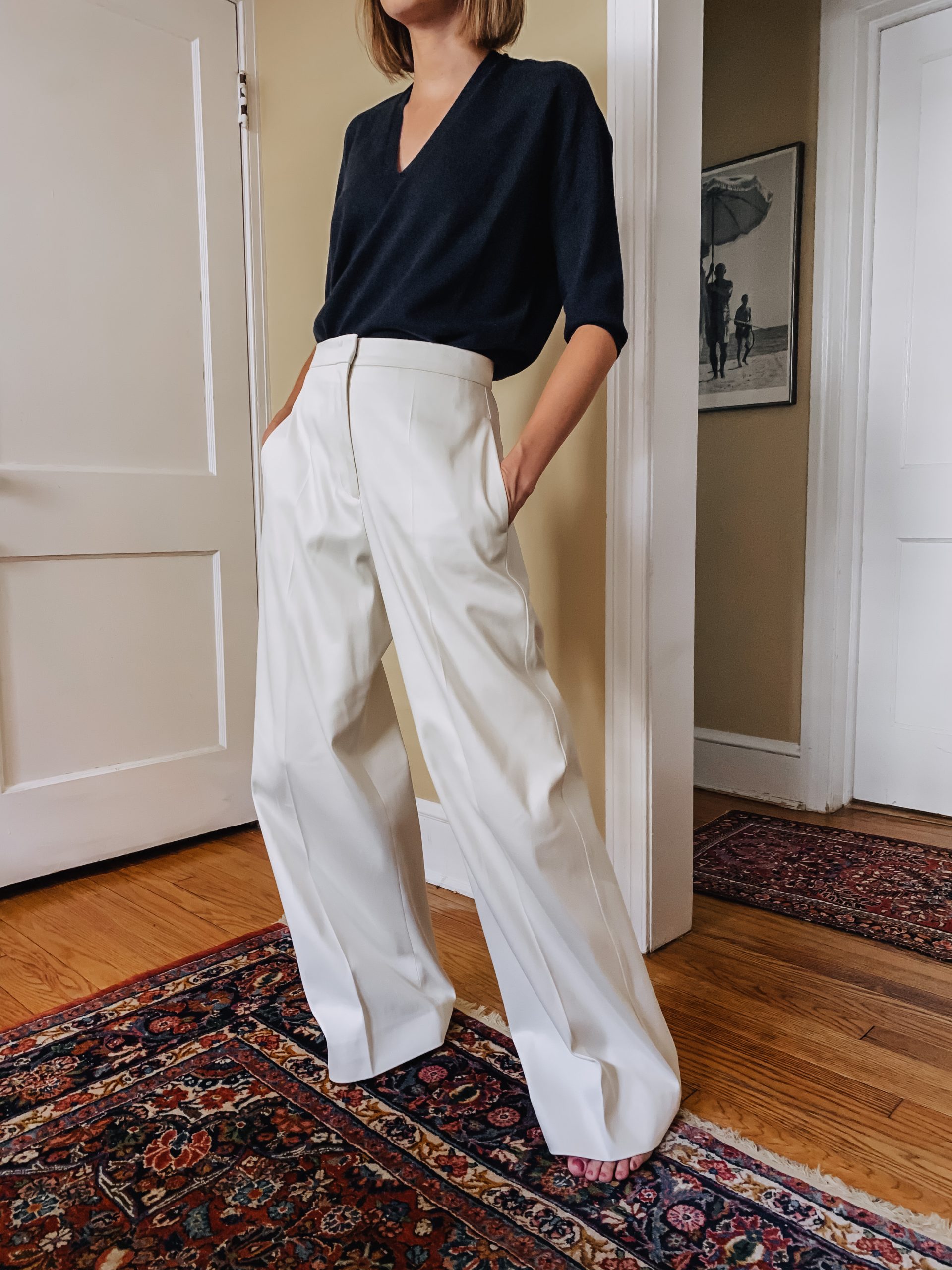 Hugo Boss v-neck sweater & white oversized pants