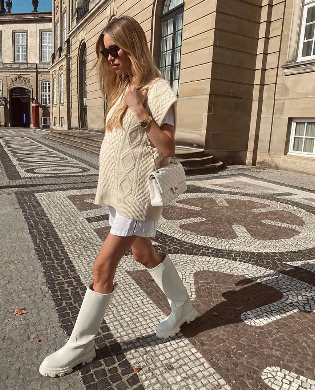 sweater vest, shirtdress & boots outfit