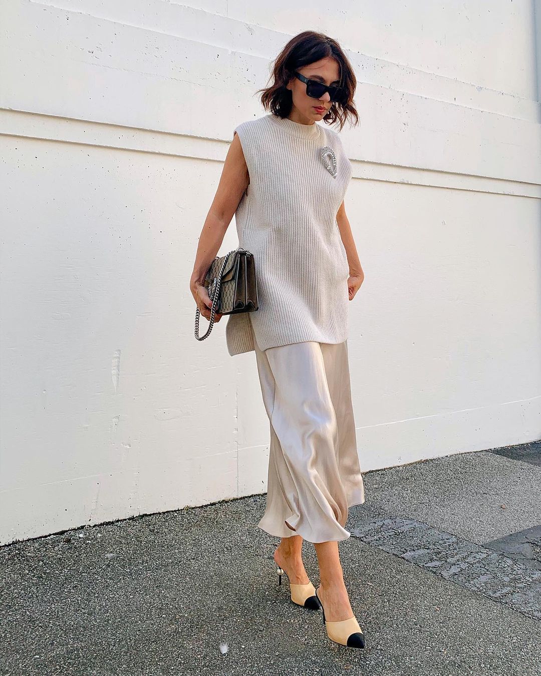 sweater vest & satin skirt outfit