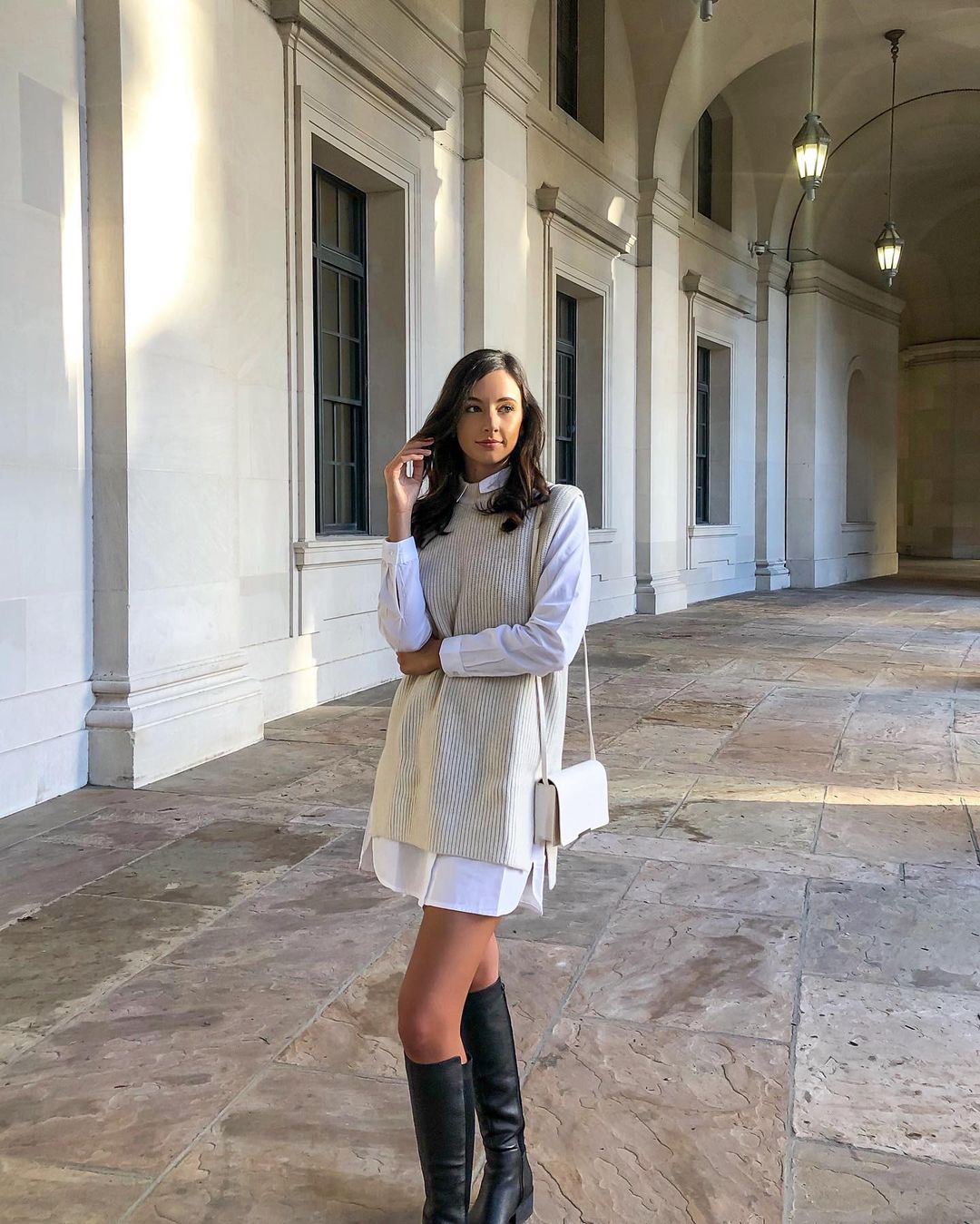 sweater vest with shirtdress & boots